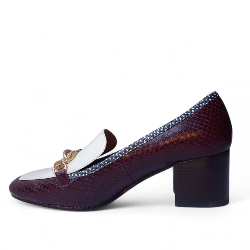 TORY BURCH Equestrian Block Heel Loafers Horsebit Pumps Snake Croc Academia 8.5 - Picture 4 of 12